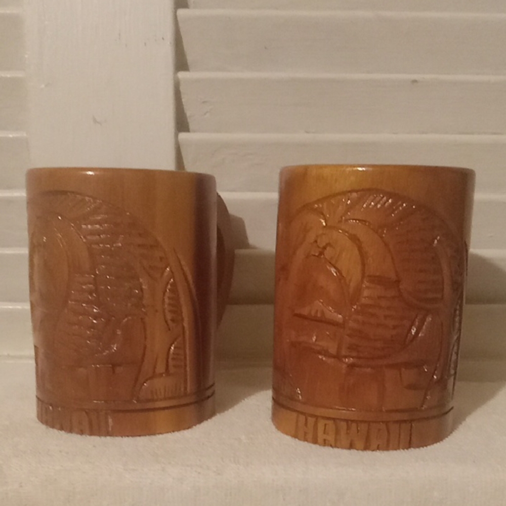 Hawaiian Carved Wooden Mugs